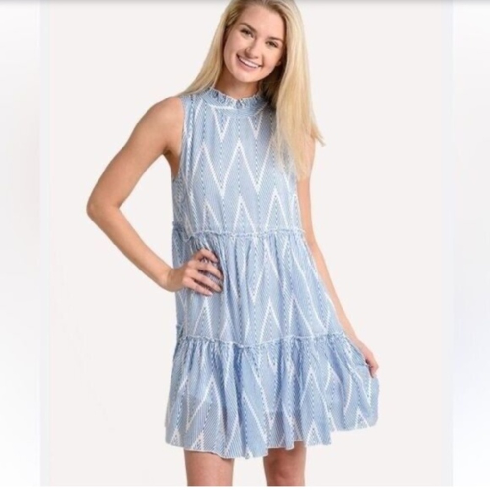 Oliphant High Neck Ruffle Tiered Mini Dress Blue Chevron Stripe Size Small